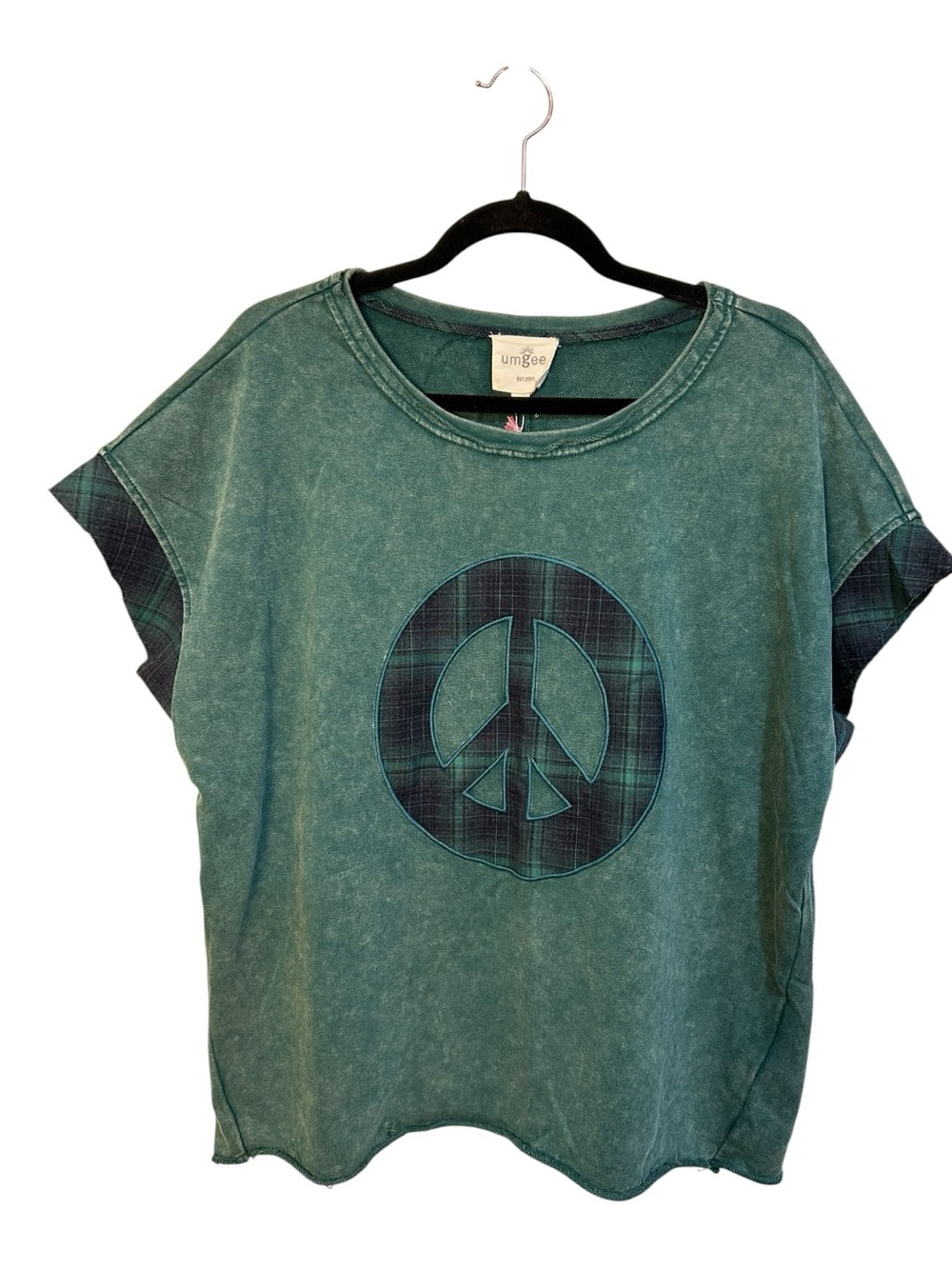 Umgee Green Navy Tartan Plaid Crewneck Short Sleeve Tee Size small